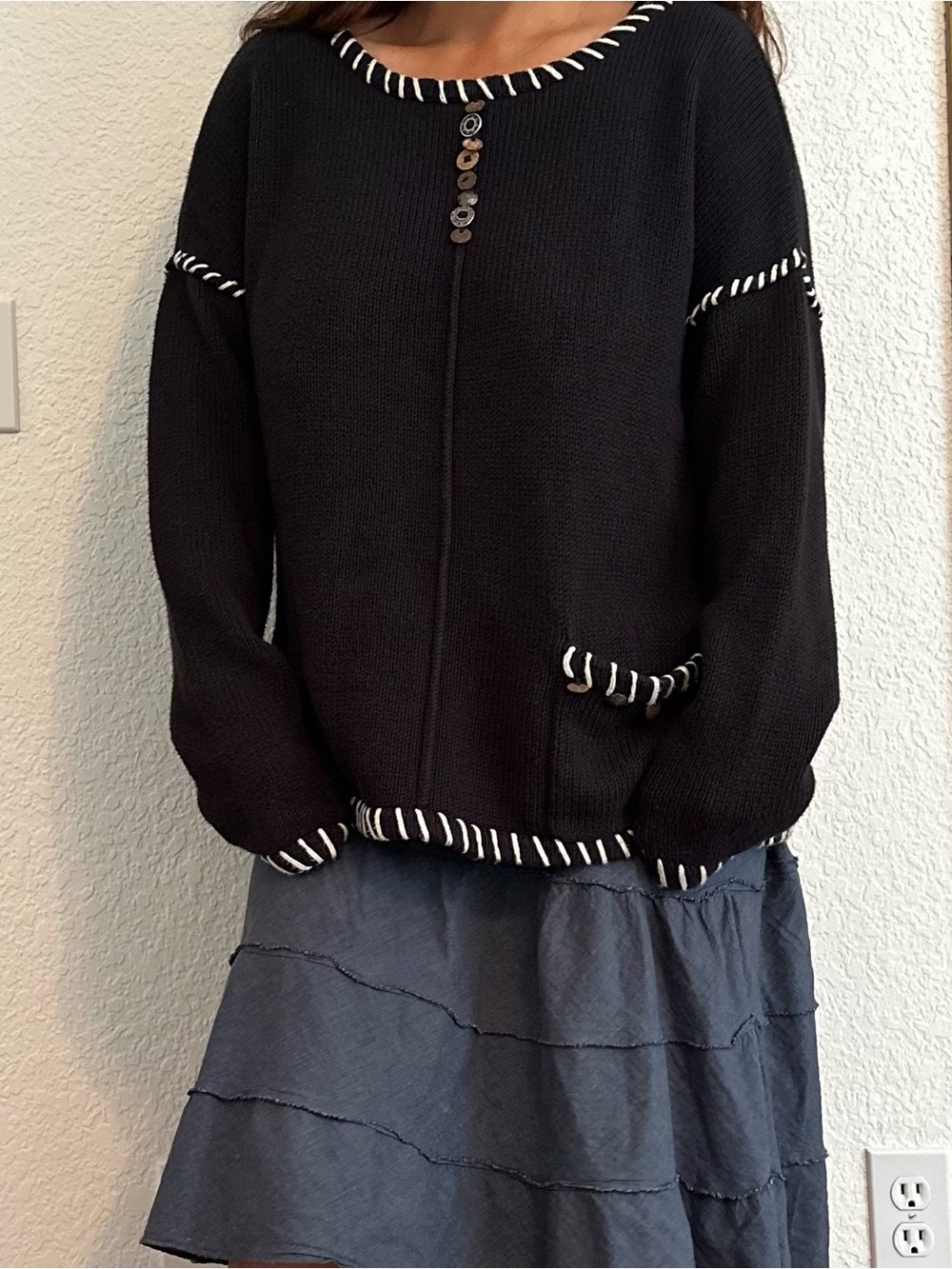 Pure Handknit Black Cotton Whipstitch Pocket Sweater - Women's Knit Pullover